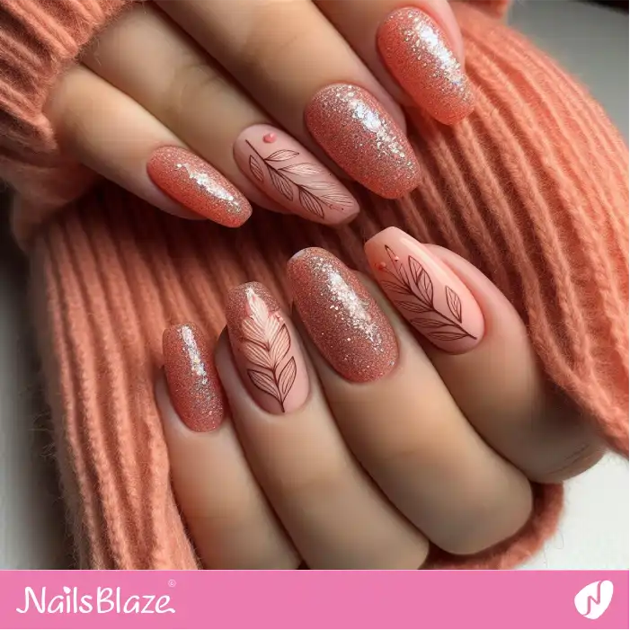 Peach Fuzz Glitter Nails with Leaves | Nature-inspired Nails - NB1670